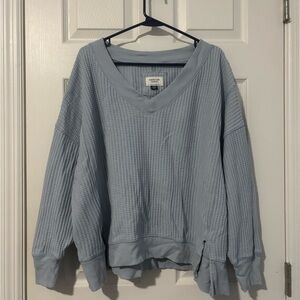 American Eagle Outfitters Light Blue Waffle V-Neck Sweatshirt Worn